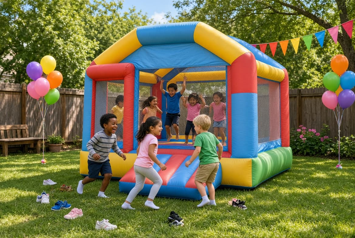 Kids running toward a red, blue, and yellow bounce house in a sunny backyard, with shoes left on the grass, balloons, and pennant flags.