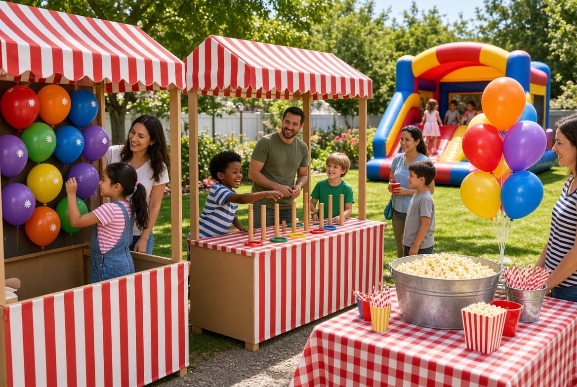 Kids playing a balloon dart booth and a ring toss at a backyard carnival, with popcorn on a checkered table and a bounce house behind them.