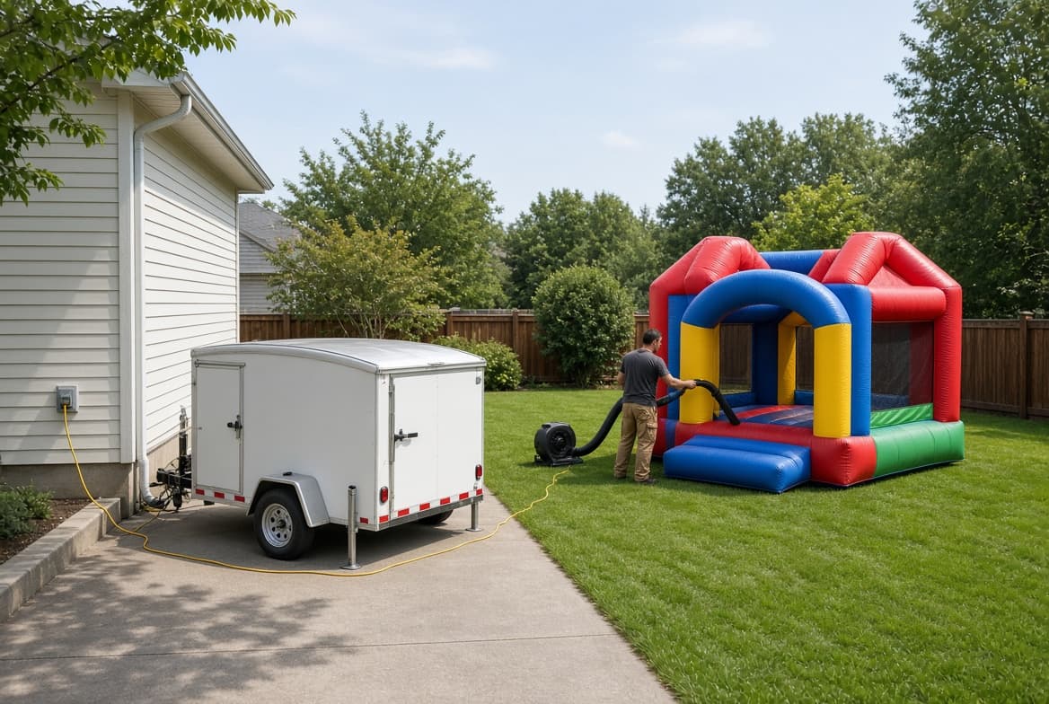 A worker connecting a blower tube to a red, blue, and yellow bounce house beside a white enclosed trailer, with a yellow cord plugged into an outdoor outlet.