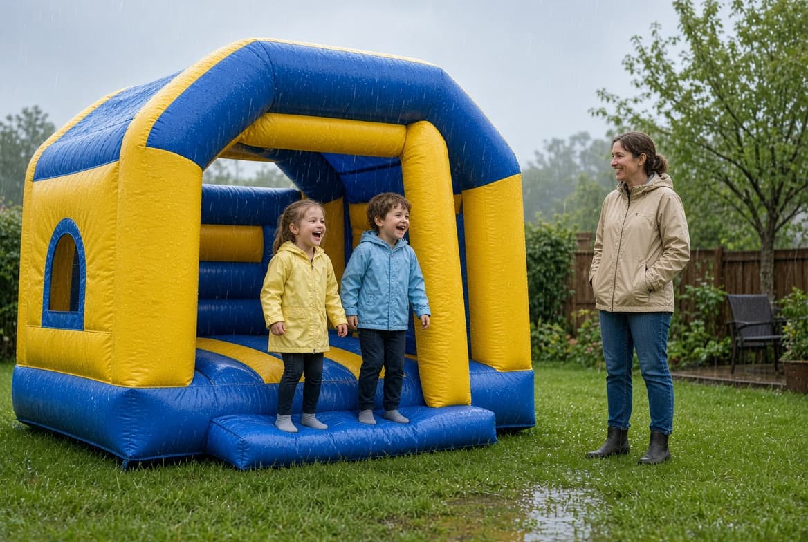 Two kids in raincoats laughing on the step of a blue and yellow bounce house in the rain, while a woman in a raincoat watches from the wet grass.
